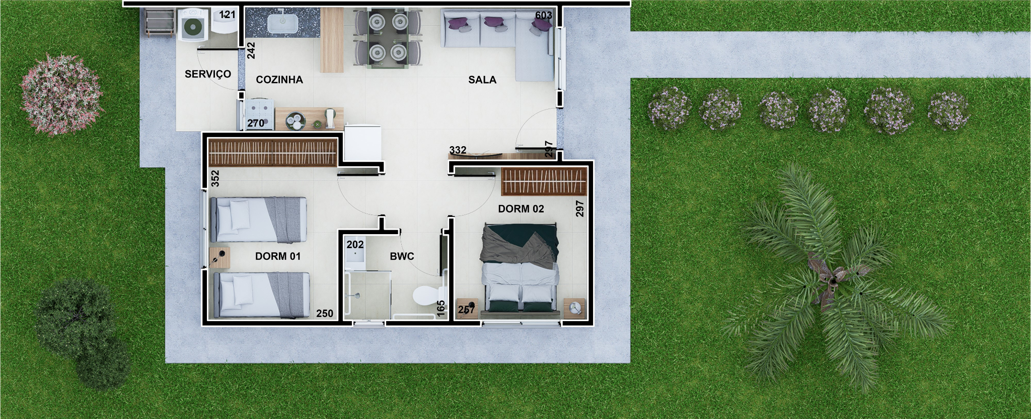 Planta humanizada Tipo 03C: dois quartos, sala, cozinha, banheiro e área de serviço